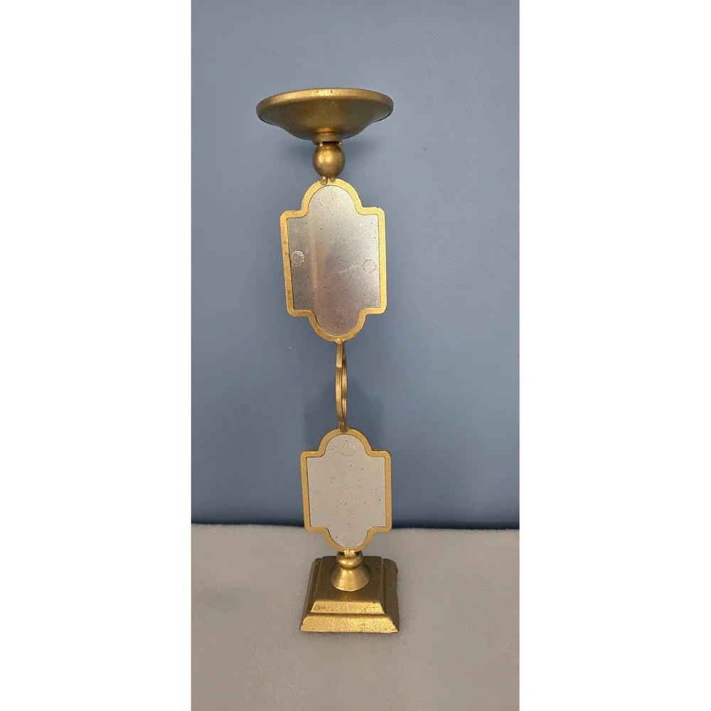 Gold Metal Pillar Candle Holder with Distressed Quatrefoil Mirrors 16.5 ch